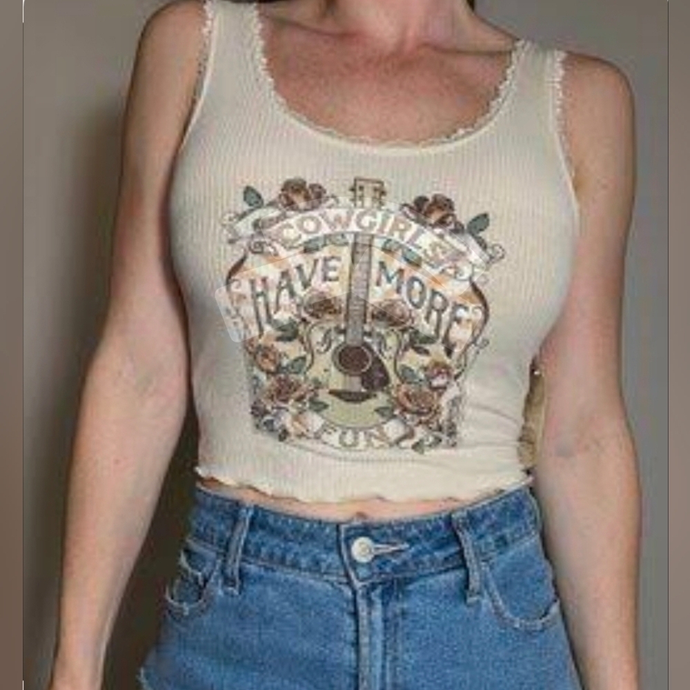 Altar'd State Cowgirl Ribbed Lace Trim Baby Tee sz L